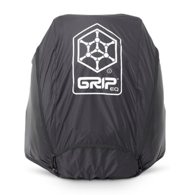 A front view of the GRIPeq L rain cover with the front flap closed.