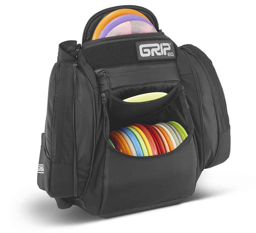 A black GRIPeq AX5 bag with the front pocket open, loaded with discs.