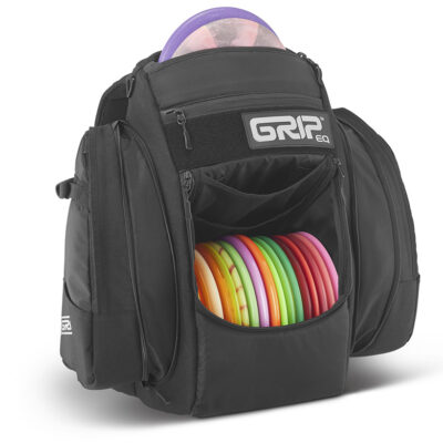 A black GRIPeq BX3 disc golf bag with the front pocket open and loaded with discs.