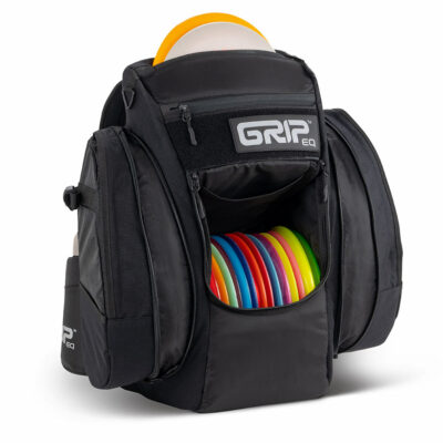 A GRIPeq CX1 series disc golf bag with the front pocket open and loaded with discs.