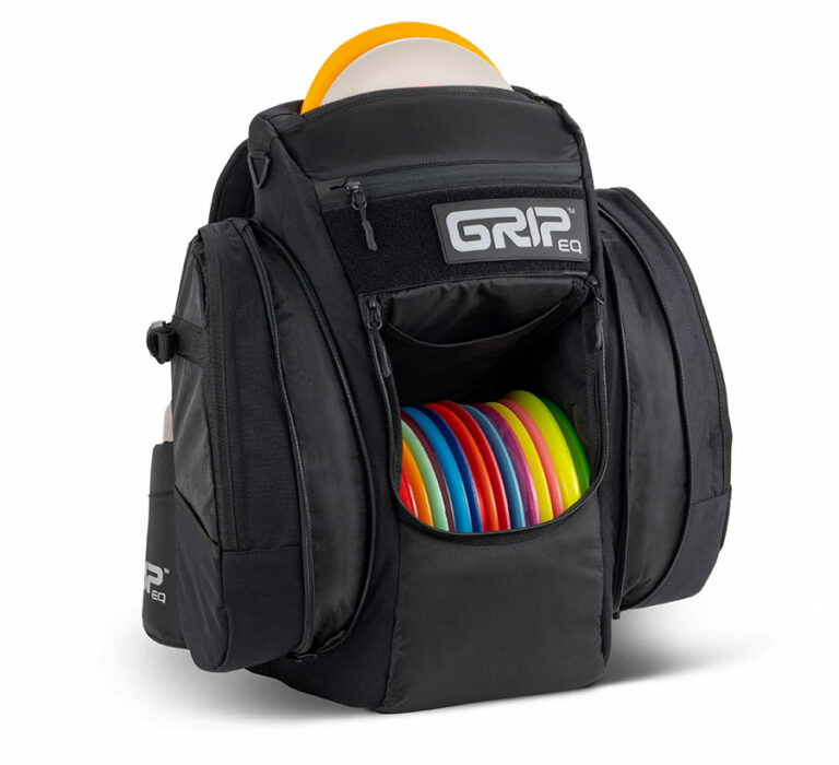 A GRIPeq CX1 series disc golf bag with the front pocket open and loaded with discs.