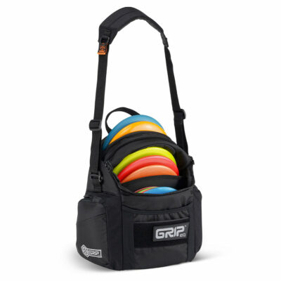 A black GRIPeq G2 disc golf bag, open and loaded with discs.