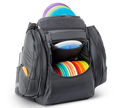 2019_AX4_coal_Side-loaded.jpg Black colored AX4 disc golf bag from GRIPeq