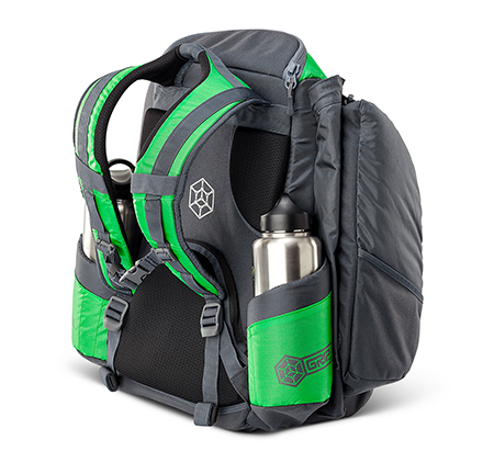 2019_AX4_grass_Back.jpg Black and green colored AX4 disc golf bag from GRIPeq