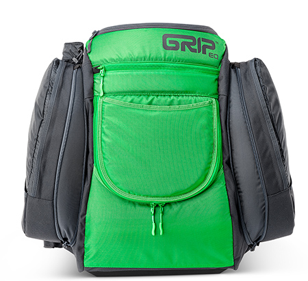 2019_AX4_grass_Front-open.jpg Black and green colored AX4 disc golf bag from GRIPeq