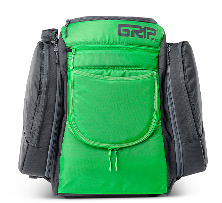 2019_AX4_grass_Front.jpg Black and green colored AX4 disc golf bag from GRIPeq