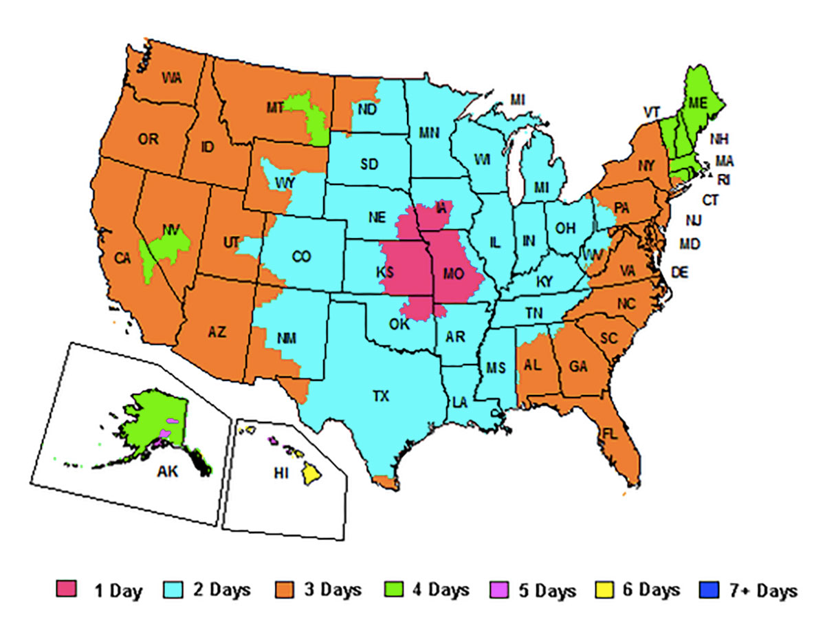 A map of the United States showing shipping time to various states. Shortest times originate near Kansas City (1 day) and increase to 4 days at the furthest reaches of the US.