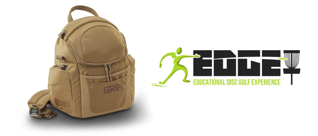 A GRIPeq sand G-series bag with the EDGE logo next to it that says Educational Disc Golf Experience.
