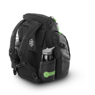 Black and green disc golf bag from GRIPeq and Discraft