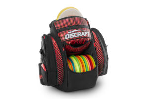Black and red disc golf bag from GRIPeq and Discraft