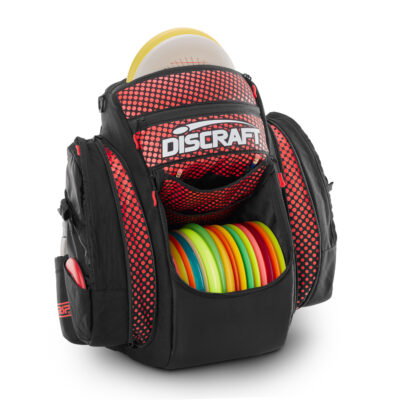 Black and red disc golf bag from GRIPeq and Discraft