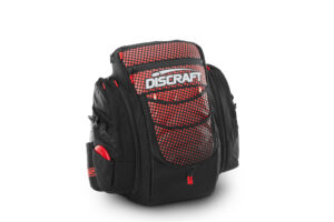 Black and red disc golf bag from GRIPeq and Discraft