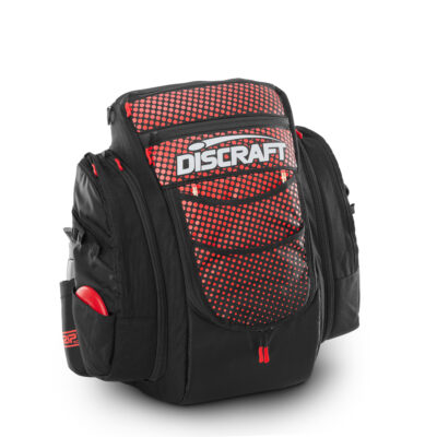 Black and red disc golf bag from GRIPeq and Discraft