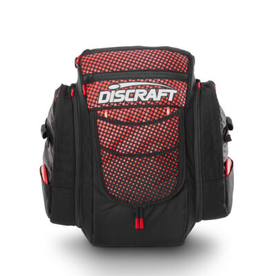 Black and red disc golf bag from GRIPeq and Discraft