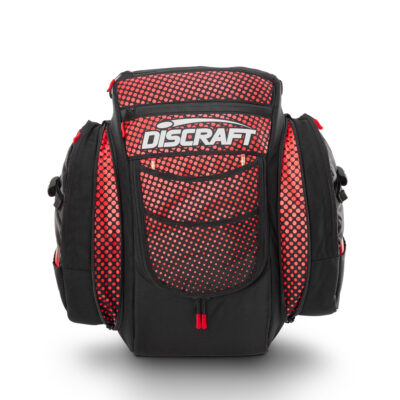Black and red disc golf bag from GRIPeq and Discraft