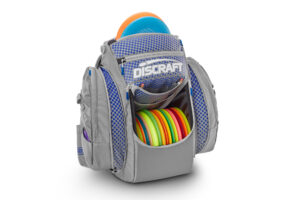Grey and blue dot disc golf bag from GRIPeq and Discraft