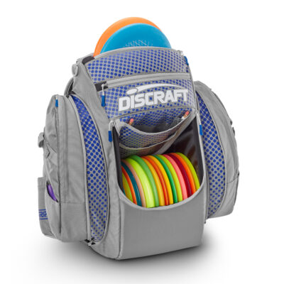 Grey and blue dot disc golf bag from GRIPeq and Discraft