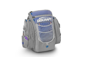 Grey and blue dot disc golf bag from GRIPeq and Discraft