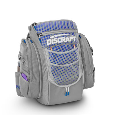 Grey and blue dot disc golf bag from GRIPeq and Discraft