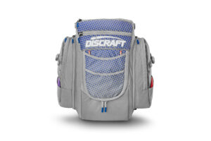 Grey and blue dot disc golf bag from GRIPeq and Discraft