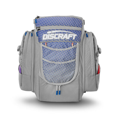 Grey and blue dot disc golf bag from GRIPeq and Discraft