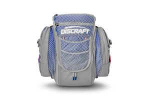 Grey and blue dot disc golf bag from GRIPeq and Discraft