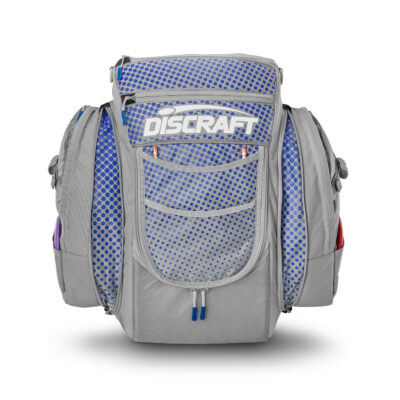 Grey and blue dot disc golf bag from GRIPeq and Discraft
