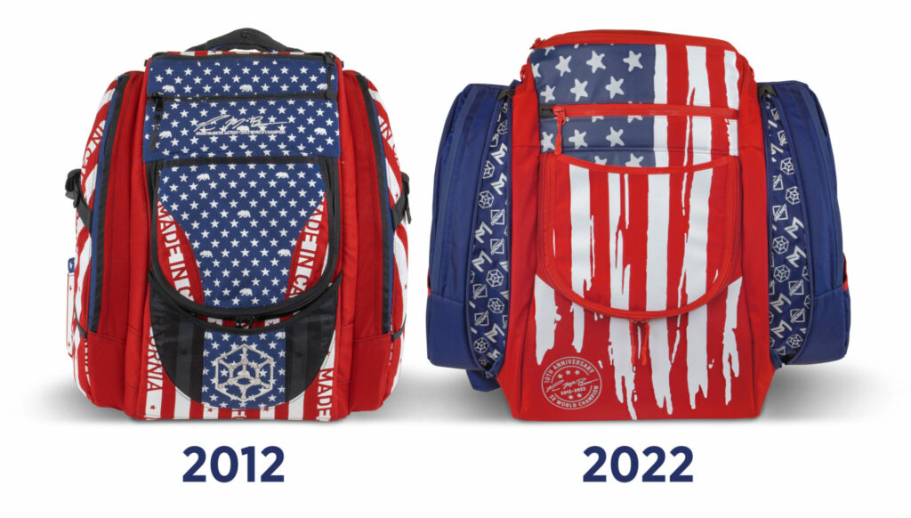 A comparison image with the 2012 Paul McBeth GRIPeq signature bag on the left and the 2022 Paul McBeth 10th Anniversary signature series bag on the right.