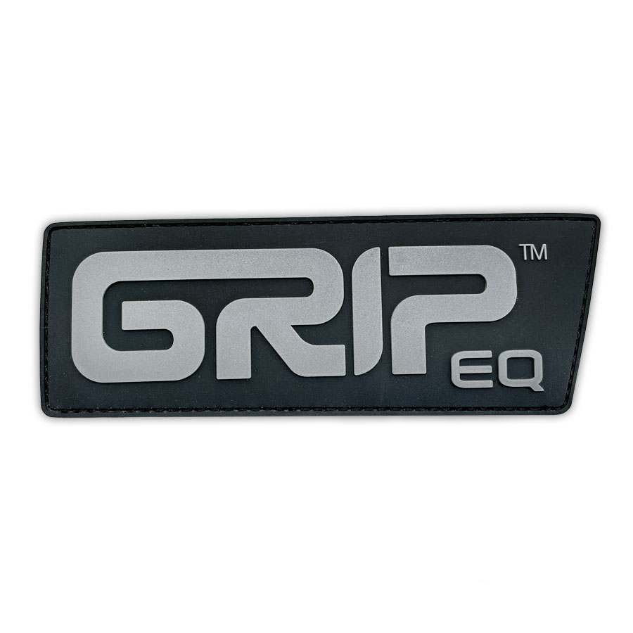 A GRIPeq velcro morale patch with silver printing on a dark gray background.