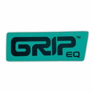A GRIPeq velcro morale patch with dark gray printing on a turquoise background.