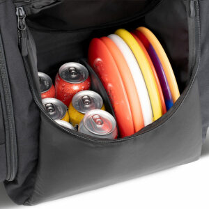 A large disc divider in a GRIPeq bag with discs and a 6-pack of cans in the compartments.