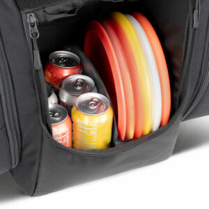 A medium disc divider with discs on one side and a 6-pack of drinks on the other.