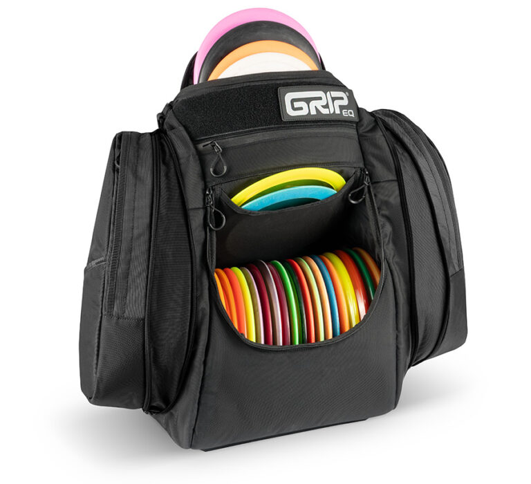 01_GRIPeq_AX6_black_side_loaded Black AX6 disc golf bag opened and filled with discs