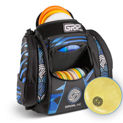 The Simon Lizotte signature series bag in cobalt blue. The bag is loaded with discs and has an MVP Fission Proxy disc in front.