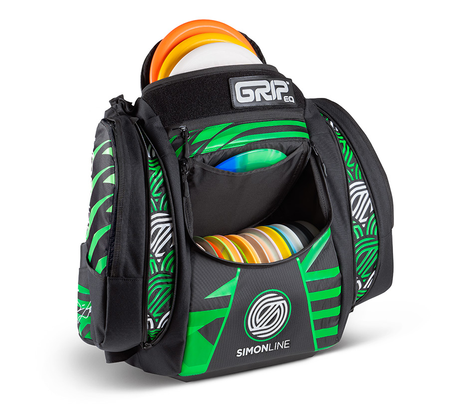 The Simon Lizotte signature series bag in emerald green. The bag is loaded with discs.