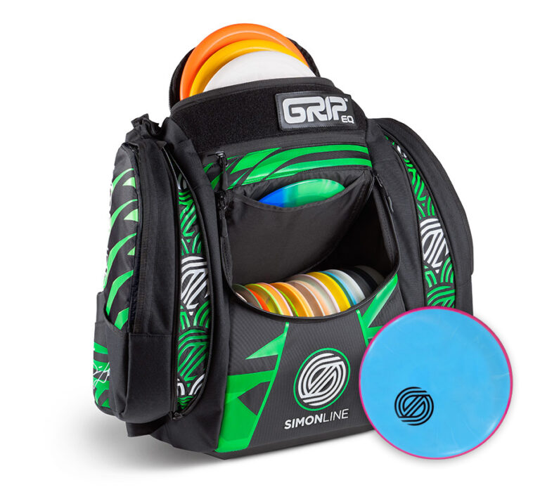 The Simon Lizotte signature series bag in emerald green. The bag is loaded with discs and has an MVP Fission Proxy disc in front.