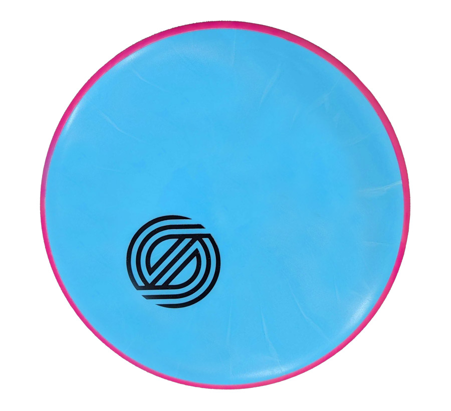 A blue Simon Line Axiom Fission Proxy disc with a pink rim and the Simon Line logo stamped on the front.