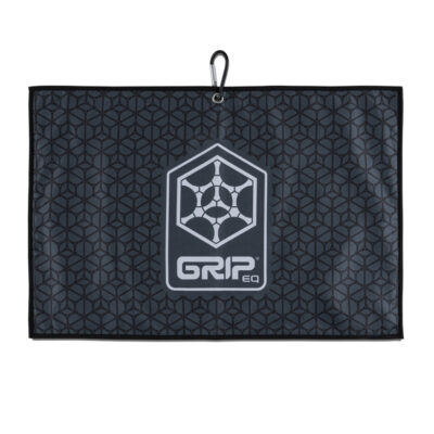 Black towel with grey hex design and GRIPeq logo