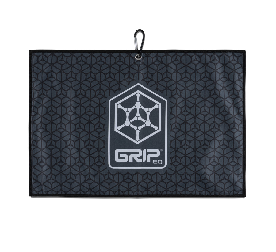 Black towel with grey hex design and GRIPeq logo