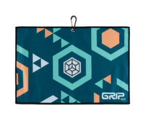 Dark blue towel with teal and orange designs