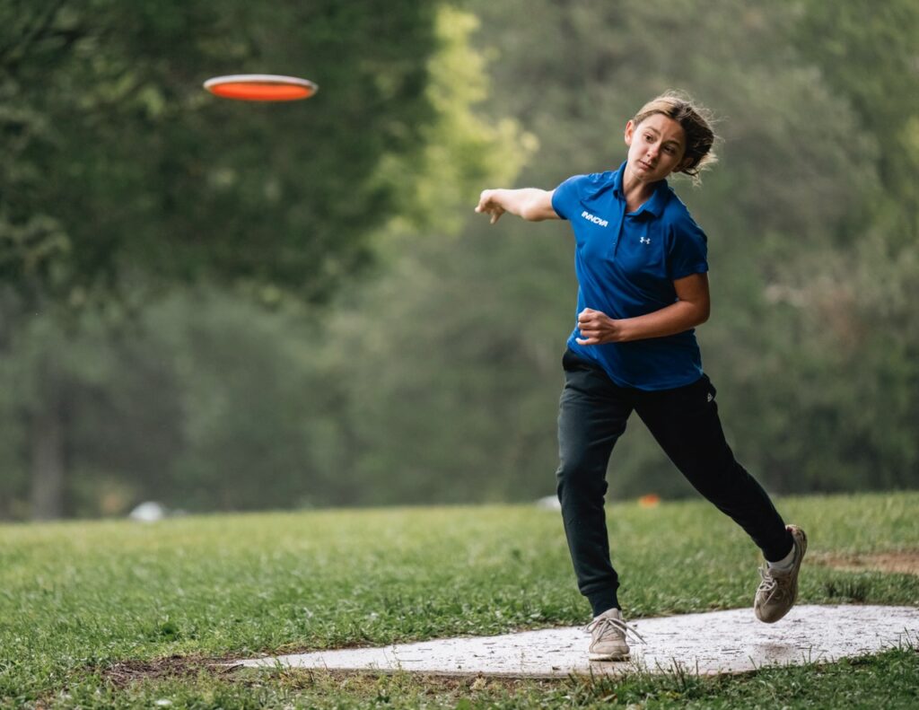 Team GRIPeq member, MJ Gager throwing a disc.