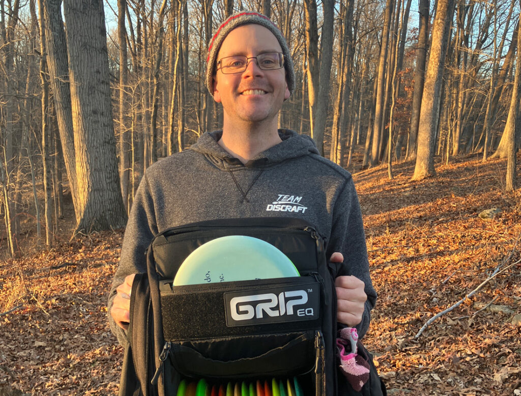Team GRIPeq member Andrew Fish with his GRIPeq disc golf bag.