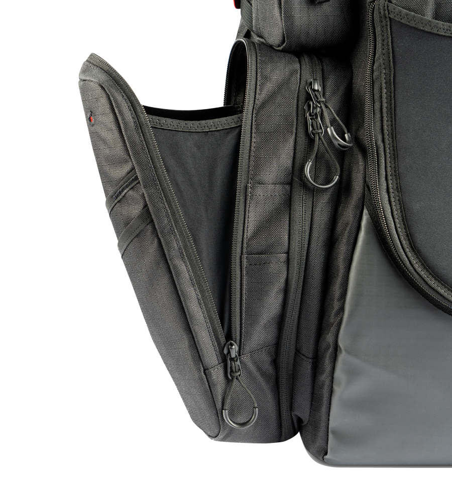 A detail shot of the MB-PX1 bag from GRIPeq, showing the expandable side pocket open.