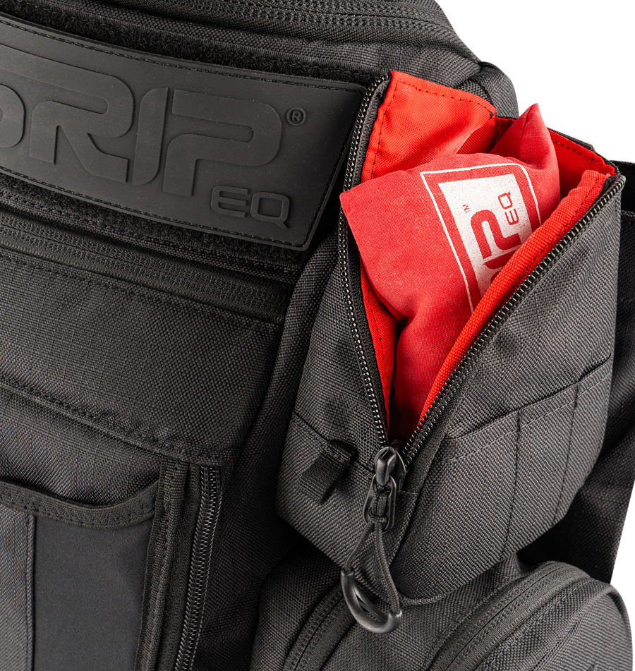 A detail shot of the MB-PX1 bag from GRIPeq, showing the side pocket with a chalk bag in it.