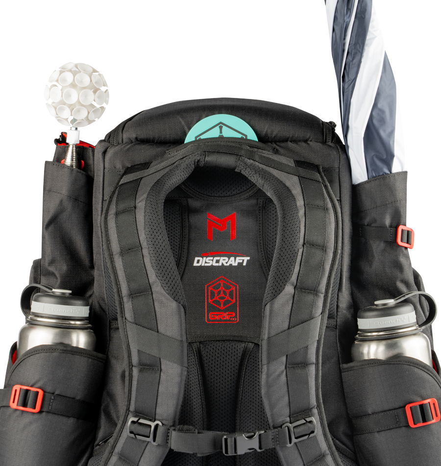 A back shot of the MB-PX1 bag from GRIPeq, showing the side sleeves loaded with a disc retriever and an umbrella.
