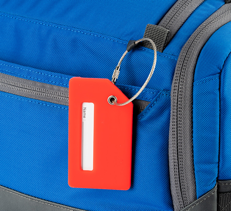 Blue disc golf duffel with name tag