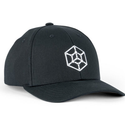 A black baseball cap with a white hex logo on the front.