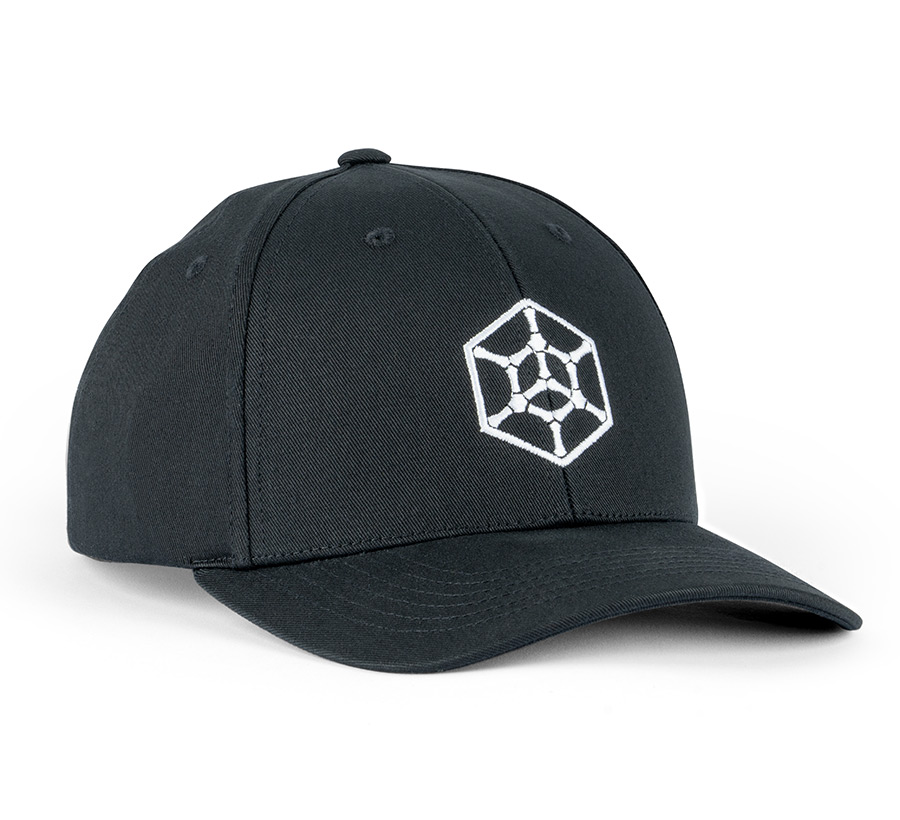 A black baseball cap with a white hex logo on the front.