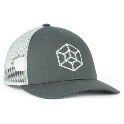 A gray trucker cap with a white hex logo on the front.