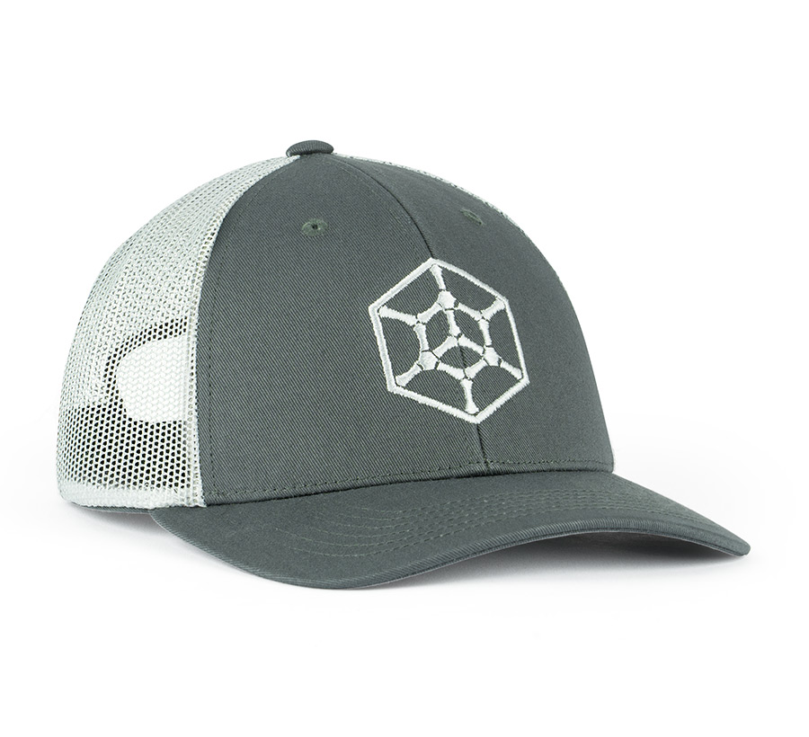 A gray trucker cap with a white hex logo on the front.